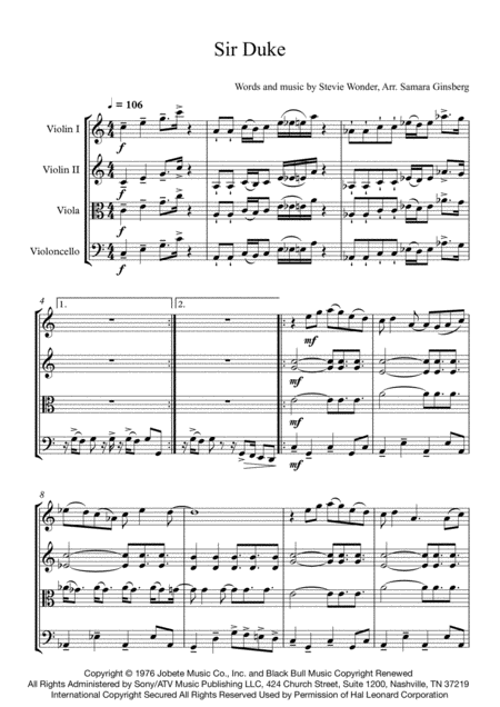 Sir Duke Stevie Wonder For String Quartet Sheet Music