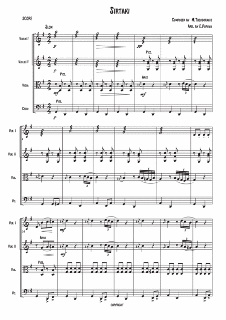 Free Sheet Music Sirtaki Greek Folk Dance Full Score For String Quartet Arranged By Elena Popova