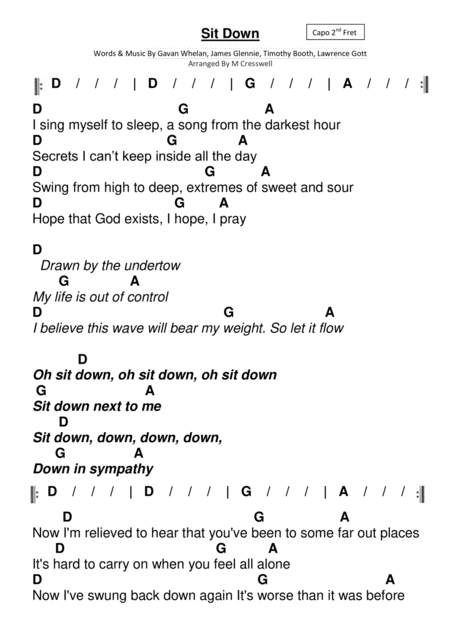 Sit Down Lyrics Chords E D Sheet Music