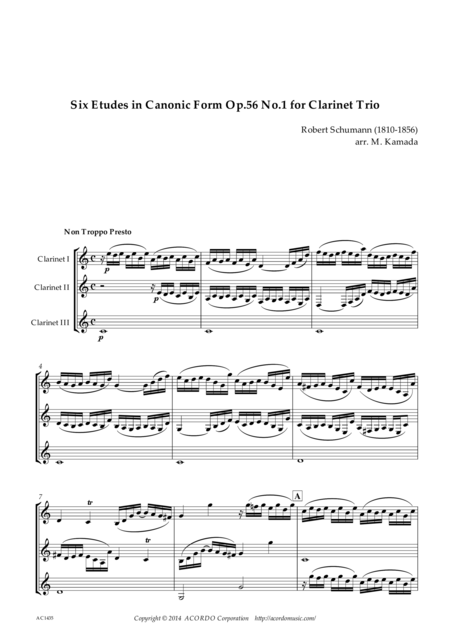 Six Etudes In Canonic Form Op 56 No 1 For Clarinet Trio Sheet Music