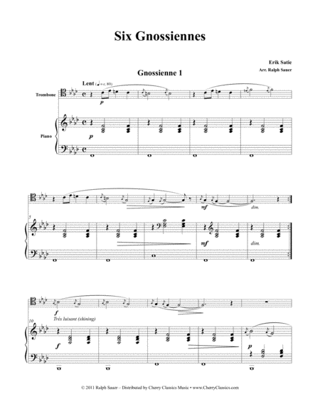 Six Gnossiennes For Trombone Piano Sheet Music