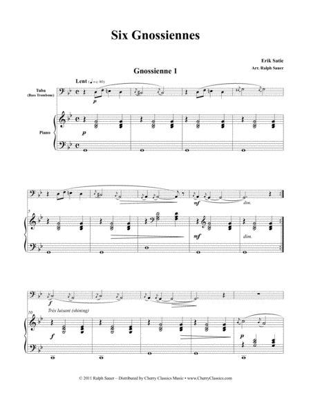 Free Sheet Music Six Gnossiennes For Tuba Bass Trombone Piano