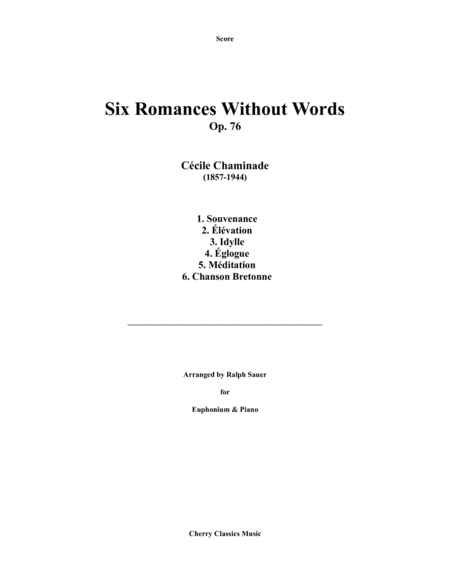 Six Romances Without Words Op 76 For Euphonium And Piano Sheet Music