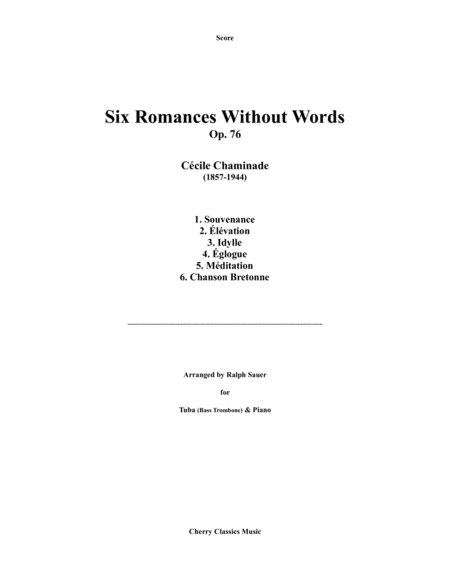 Six Romances Without Words Op 76 For Tuba Or Bass Trombone And Piano Sheet Music