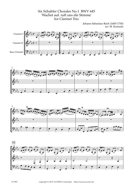 Free Sheet Music Six Schubler Chorales No 1 Bwv645 Wachet Auf Ruft Uns Die Stimme For Clarinet Trio