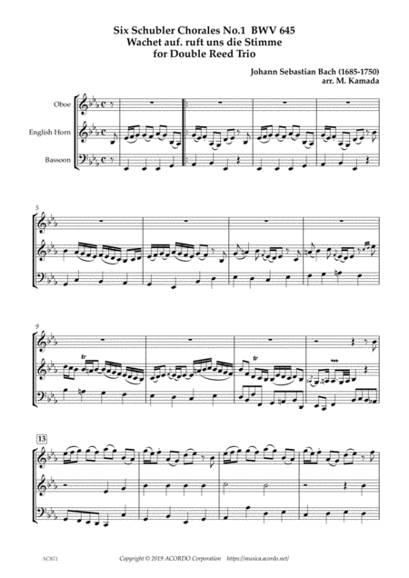 Six Schubler Chorales No 1 Bwv645 Wachet Auf Ruft Uns Die Stimme For Double Reed Trio Sheet Music