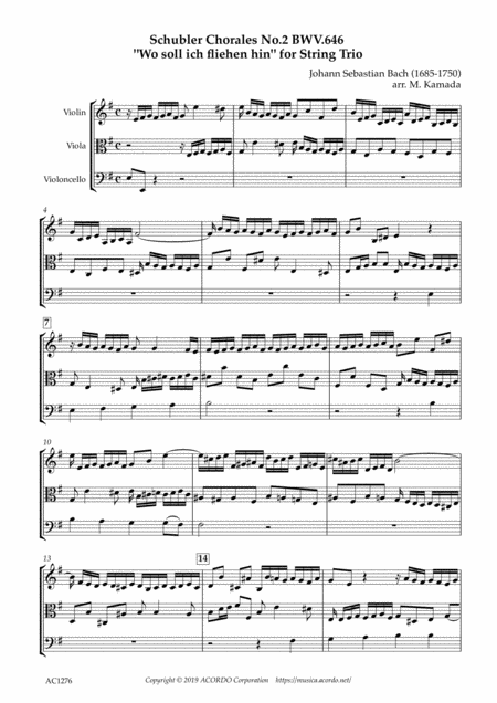 Six Schubler Chorales No 2 Bwv 646 Wo Soll Ich Fliehen Hin For String Trio Sheet Music