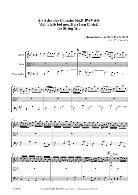 Free Sheet Music Six Schubler Chorales No 5 Bwv649 Ach Bleib Bei Uns Herr Jesu Christ For String Trio