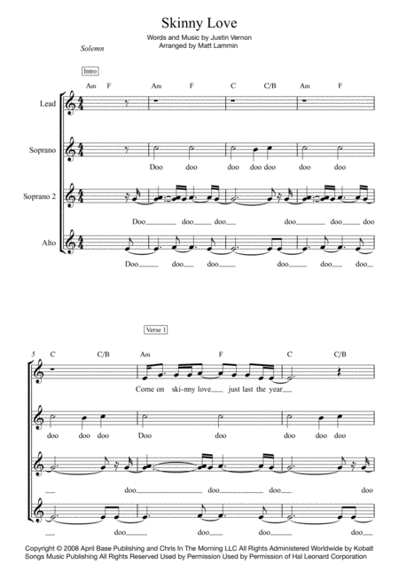 Skinny Love Ssa Lead Vocal Sheet Music