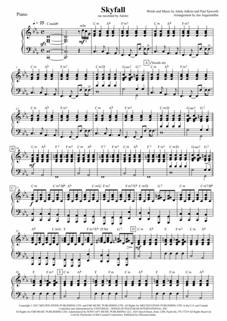 Skyfall Piano Transcription Of The Original Adele Recording For James Bond Sheet Music