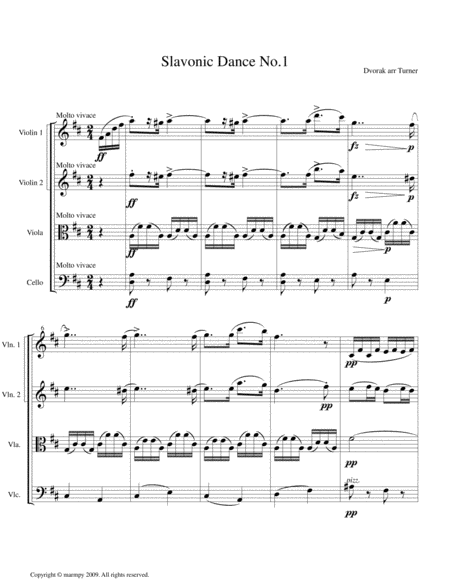 Slavonic Dance No 1 By Dvorak Arranged For String Quartet Sheet Music