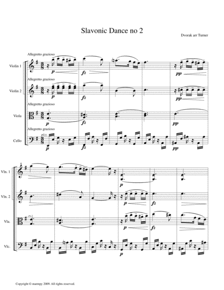 Slavonic Dance No 2 By Dvorak Arranged For String Quartet Sheet Music