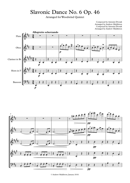 Free Sheet Music Slavonic Dance No 6 Op 46 For Woodwind Quintet