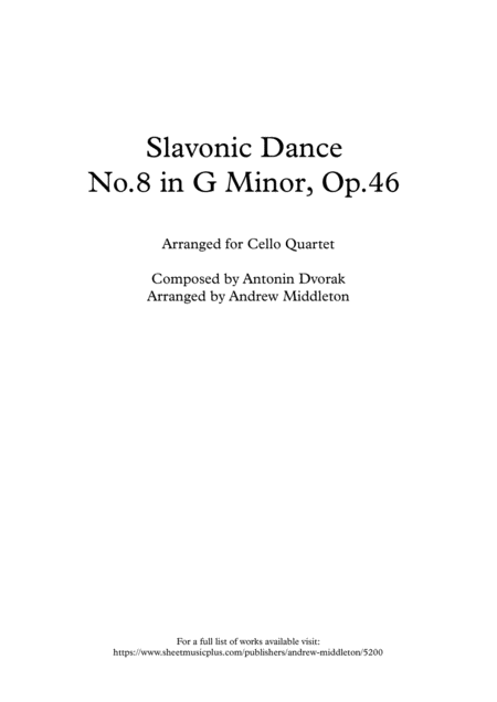 Slavonic Dance No 8 In G Minor Arranged For Cello Quartet Sheet Music