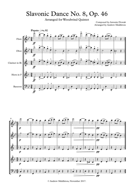 Slavonic Dance No 8 Op 46 For Woodwind Quintet Sheet Music