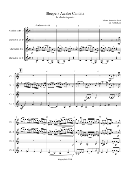 Free Sheet Music Sleepers Awake Cantata For Clarinet Quartet