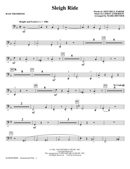 Sleigh Ride Arr Mark Brymer Bass Trombone Sheet Music