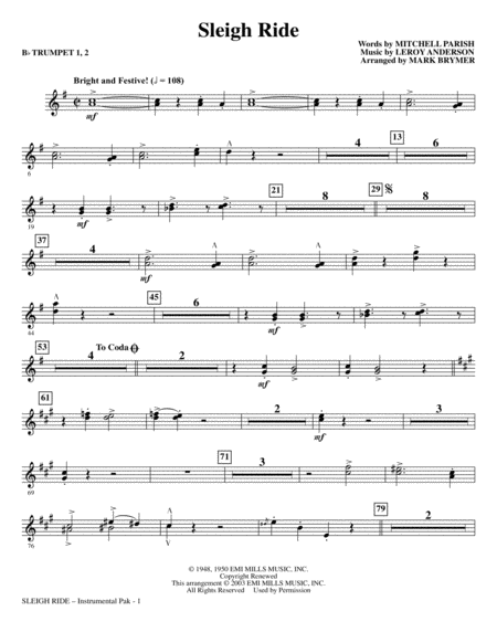 Sleigh Ride Arr Mark Brymer Bb Trumpet 1 2 Sheet Music