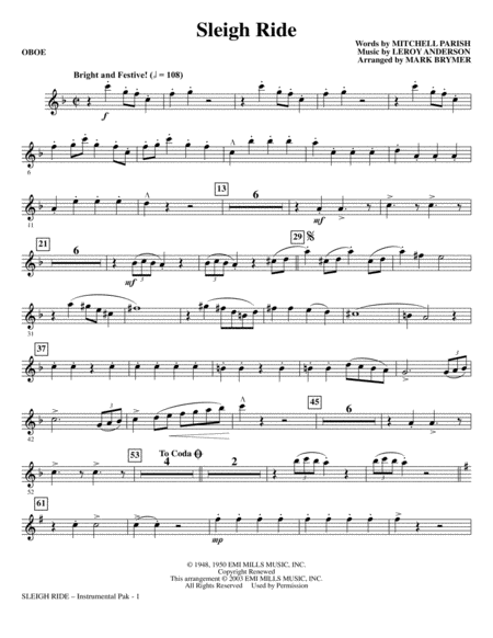 Sleigh Ride Arr Mark Brymer Oboe Sheet Music