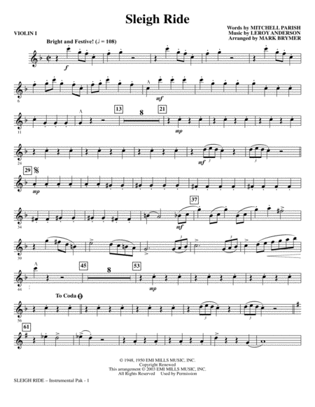 Sleigh Ride Arr Mark Brymer Violin 1 Sheet Music