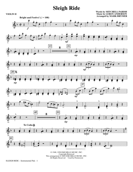 Free Sheet Music Sleigh Ride Arr Mark Brymer Violin 2