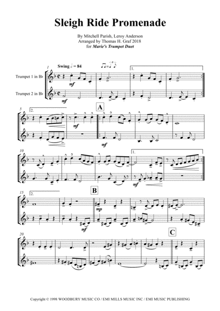 Sleigh Ride Easy Swing Trumpet Duet Sheet Music