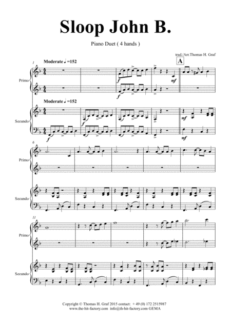 Sloop John B Caribian Folk Song Piano Duet 4 Hands Sheet Music