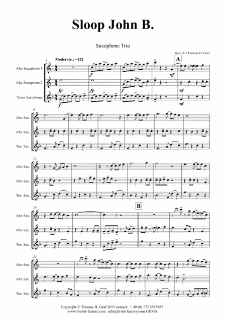 Sloop John B Caribian Folk Song Saxophone Trio Sheet Music