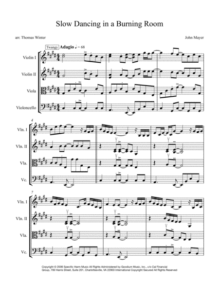 Slow Dancing In A Burning Room String Quartet Trio Duo Or Solo Violin Sheet Music