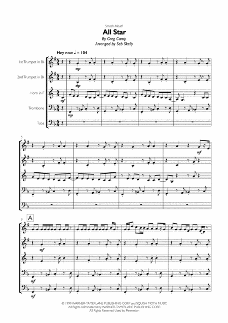 Free Sheet Music Smash Mouth All Star For Brass Quintet