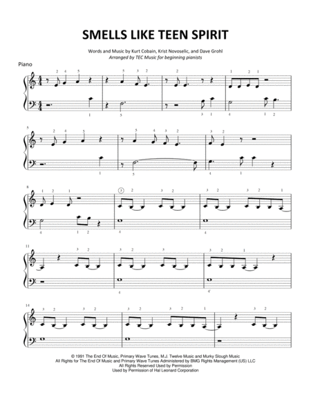 Free Sheet Music Smells Like Teen Spirit Beginning Piano