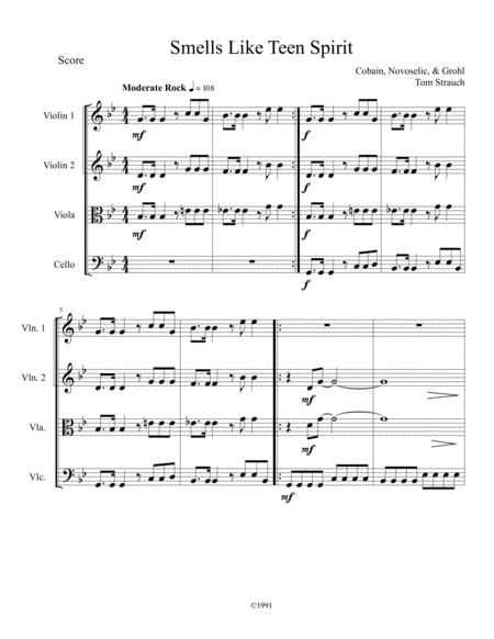 Free Sheet Music Smells Like Teen Spirit For String Quartet Easy Intermediate