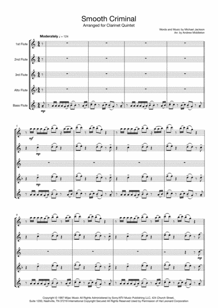 Free Sheet Music Smooth Criminal Arranged For Flute Quintet