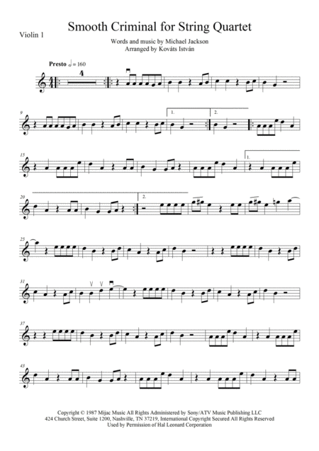 Smooth Criminal For String Quartet Sheet Music