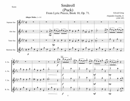 Smtroll Puck From Griegs Lyric Pieces For Saxophone Quartet Sheet Music