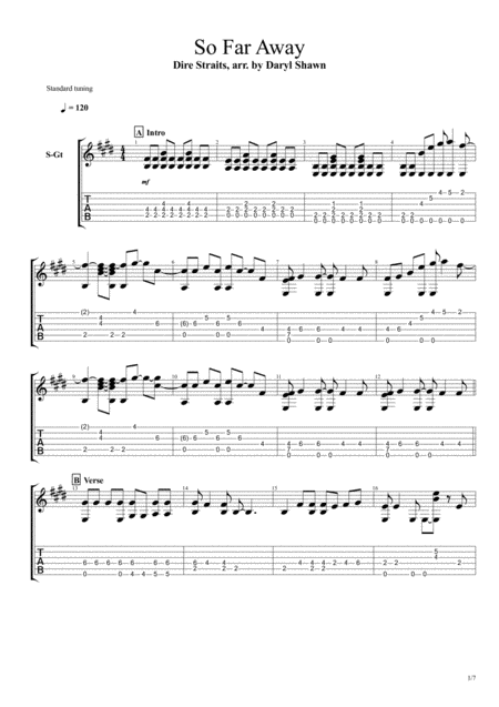 Free Sheet Music So Far Away Dire Straits For Solo Fingerstyle Guitar