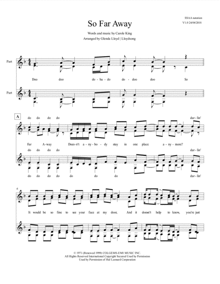 So Far Away Ssaa Sheet Music