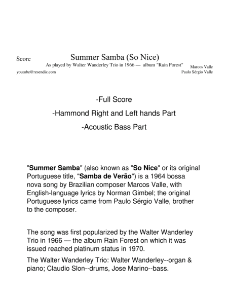 Free Sheet Music So Nice Summer Samba As Played By Walter Wanderley Trio Score Hammond Acoustic Bass