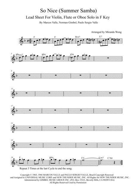 So Nice Summer Samba Flute Or Oboe Solo In F Key With Chords Sheet Music