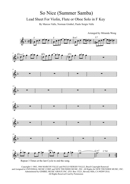 Free Sheet Music So Nice Summer Samba Lead Sheet For Flute And Piano In F Key With Chords