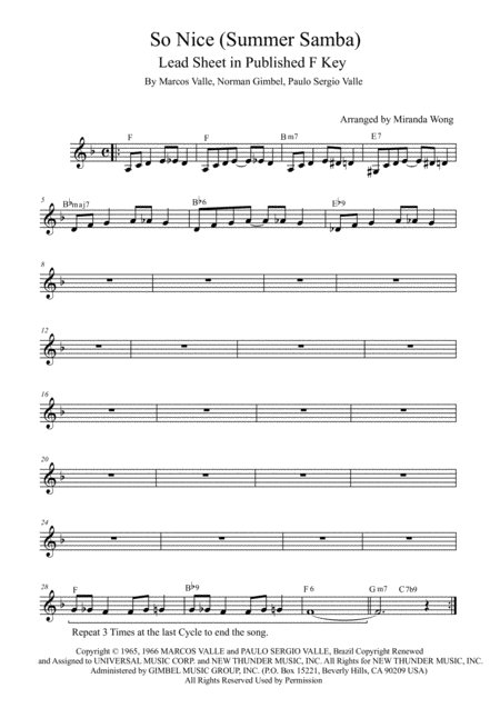 So Nice Summer Samba Lead Sheet In 3 Keys F G D Sheet Music