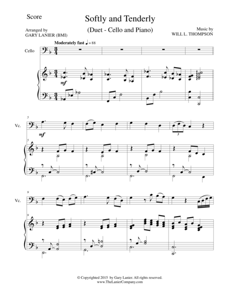 Free Sheet Music Softly And Tenderly Duet Cello And Piano Score And Parts