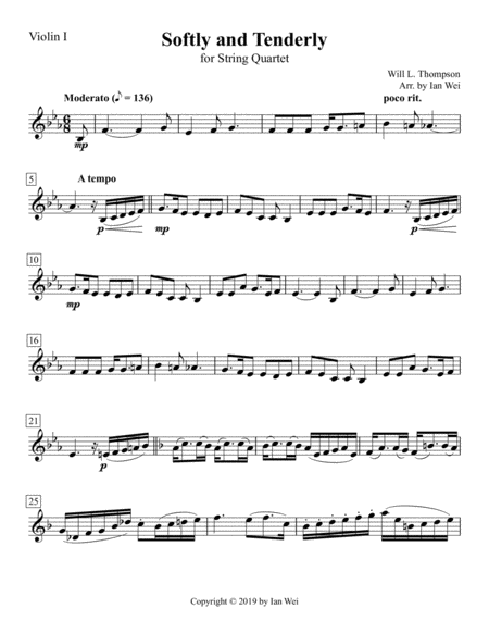 Free Sheet Music Softly And Tenderly For String Quartet