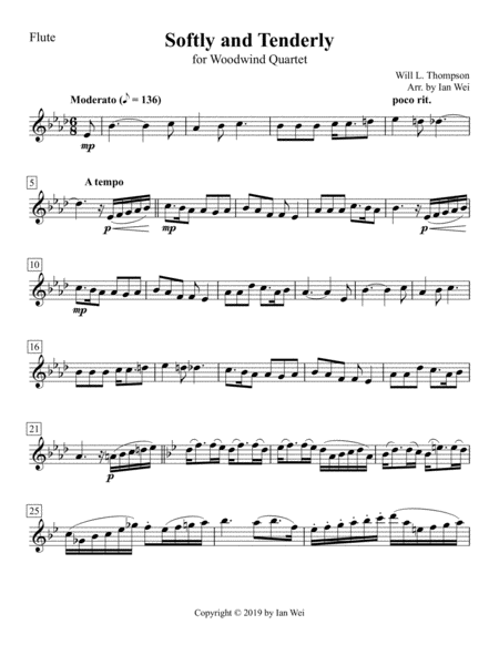 Free Sheet Music Softly And Tenderly For Woodwind Quartet