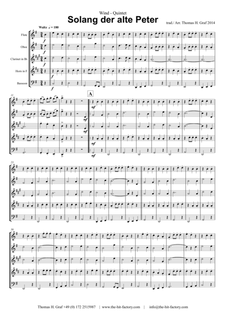 Solang Der Alte Peter Oktoberfest Munich City Anthem Wind Quintet Sheet Music