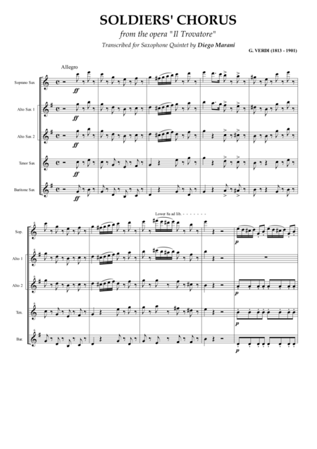 Soldiers Chorus From The Opera Il Trovatore For Saxophone Quintet Sheet Music