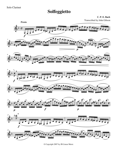 Solfeggietto By Cpe Bach For Solo Unaccompanied Clarinet Sheet Music