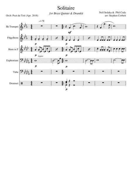 Solitaire Neil Sedaka Phil Cody Brass Quintet Drumkit Sheet Music