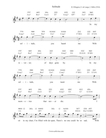 Free Sheet Music Solitude Chord Melody Arrangement For Tenor Ukulele With Lyrics