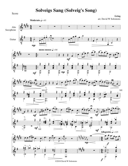 Solveigs Sang Solveigs Song For Alto Saxophone And Guitar Sheet Music